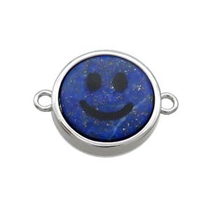 Blue Lapis Lazuli Emoji Connector Smileface Circle Platinum Plated, approx 15mm dia