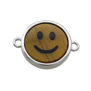 Tiger Eye Stone Emoji Connector Smileface Circle Platinum Plated, approx 15mm dia