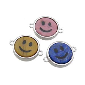 Mix Gemstone Emoji Connector Smileface Circle Platinum Plated, approx 15mm dia