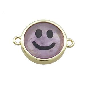 Purple Amethyst Emoji Connector Smileface Circle Gold Plated, approx 15mm dia