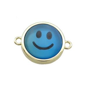 Blue Dye Agate Emoji Connector Smileface Circle Gold Plated, approx 15mm dia