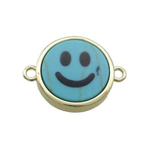 Blue Dye Turquoise Emoji Connector Smileface Circle Gold Plated, approx 15mm dia