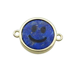 Blue Lapis Lazuli Emoji Connector Smileface Circle Gold Plated, approx 15mm dia