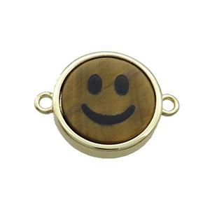 Tiger Eye Stone Emoji Connector Smileface Circle Gold Plated, approx 15mm dia