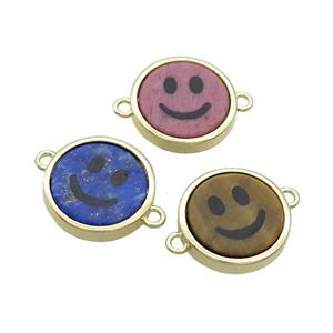 Mix Gemstone Emoji Connector Smileface Circle Gold Plated, approx 15mm dia