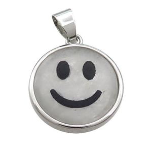 Clear Quartz Emoji Pendant Smileface Circle Platinum Plated, approx 18mm dia