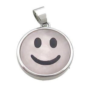 Rose Quartz Emoji Pendant Smileface Circle Platinum Plated, approx 18mm dia