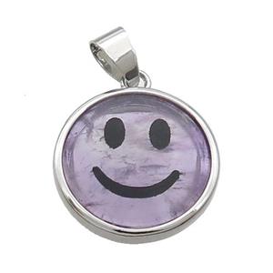 Purple Amethyst Emoji Pendant Smileface Circle Platinum Plated, approx 18mm dia