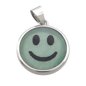 Green Aventurine Emoji Pendant Smileface Circle Platinum Plated, approx 18mm dia