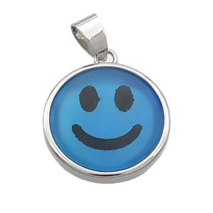 Blue Dye Agate Emoji Pendant Smileface Circle Platinum Plated, approx 18mm dia