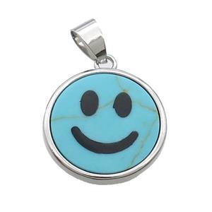 Blue Dye Turquoise Emoji Pendant Smileface Circle Platinum Plated, approx 18mm dia
