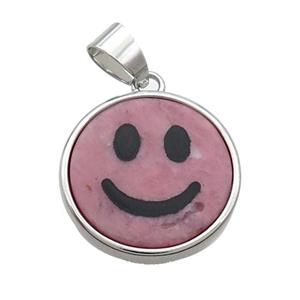 Pink Rhodonite Emoji Pendant Smileface Circle Platinum Plated, approx 18mm dia