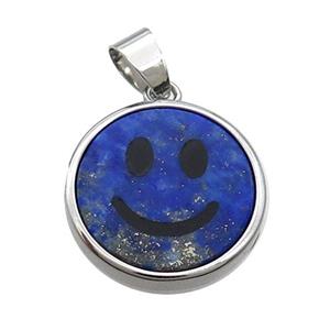 Blue Lapis Lazuli Emoji Pendant Smileface Circle Platinum Plated, approx 18mm dia