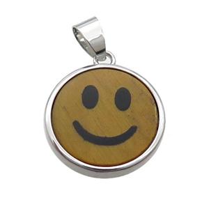 Tiger Eye Stone Emoji Pendant Smileface Circle Platinum Plated, approx 18mm dia