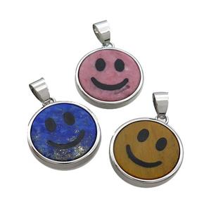 Mixed Gemstone Emoji Pendant Smileface Circle Platinum Plated, approx 18mm dia
