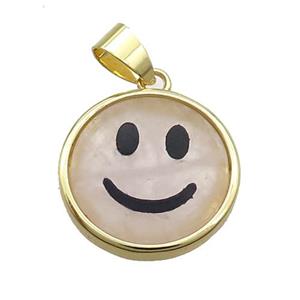 Rose Quartz Emoji Pendant Smileface Circle Gold Plated, approx 18mm dia