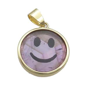Purple Amethyst Emoji Pendant Smileface Circle Gold Plated, approx 18mm dia