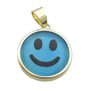 Ble Dye Agate Emoji Pendant Smileface Circle Gold Plated, approx 18mm dia