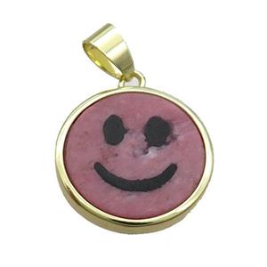 Pink Rhodonite Emoji Pendant Smileface Circle Gold Plated, approx 18mm dia