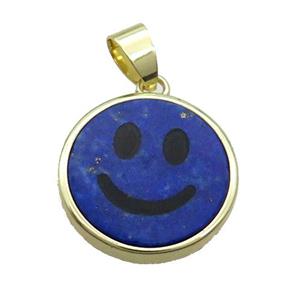 Blue Lapis Lazuli Emoji Pendant Smileface Circle Gold Plated, approx 18mm dia