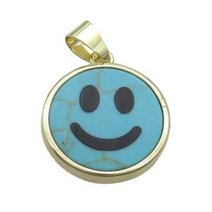 Blue Dye Turquoise Emoji Pendant Smileface Circle Gold Plated, approx 18mm dia