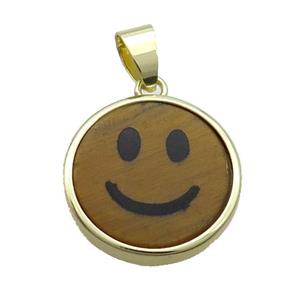 Tiger Eye Stone Emoji Pendant Smileface Circle Gold Plated, approx 18mm dia