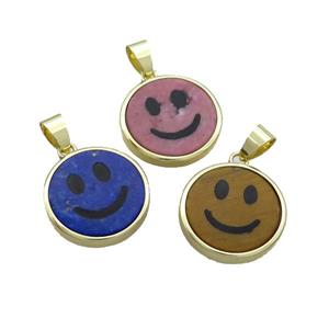 Mixed Gemstone Emoji Pendant Smileface Circle Gold Plated, approx 18mm dia