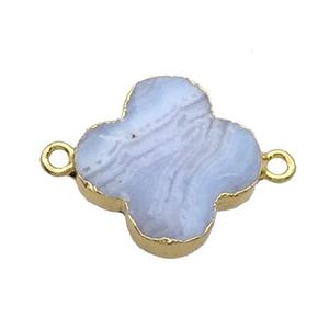 Natural Blue Lace Agate Clover Connector Gold Plated, approx 22mm