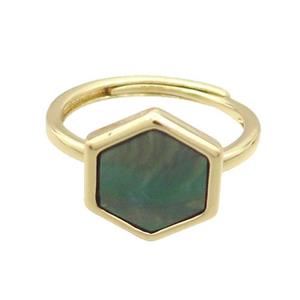Copper Ring Pave Gray Abalone Shell Hexagon Adjustable Gold Plated, approx 12-14mm, 18mm dia