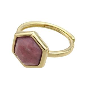 Pink Rhodonite Copper Ring Hexagon Adjustable Gold Plated, approx 12-14mm, 18mm dia