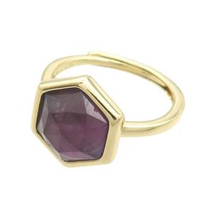Amethyst Copper Ring Hexagon Adjustable Gold Plated, approx 12-14mm, 18mm dia