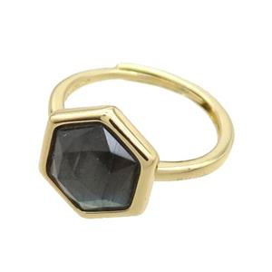 Labradorite Copper Ring Hexagon Adjustable Gold Plated, approx 12-14mm, 18mm dia