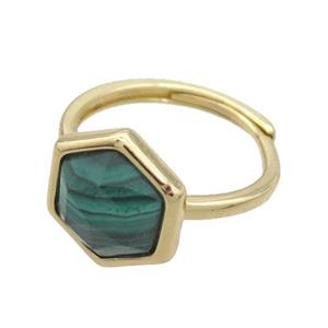 Malachite Copper Ring Hexagon Adjustable Gold Plated, approx 12-14mm, 18mm dia