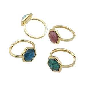 Mixed Gemstone Copper Ring Hexagon Adjustable Gold Plated, approx 12-14mm, 18mm dia