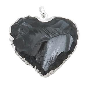 Natural Obsidian Heart Pendant Hammered Silver Plated, approx 30-35mm