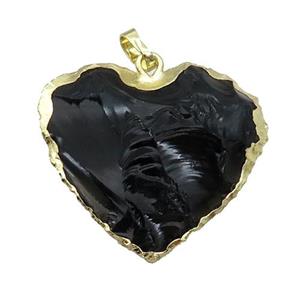 Natural Obsidian Heart Pendant Hammered Gold Plated, approx 30-35mm