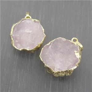 Hammered Rose Quartz Pendant Circle Pink Gold Plated, approx 18-25mm
