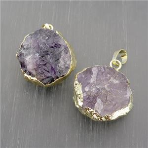 Hammered Amethyst Pendant Circle Purple Gold Plated, approx 18-25mm
