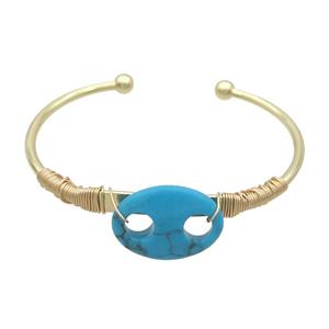 Copper Bangle Blue Dye Turquoise Wire Wrapped Gold Plated, approx 18-25mm, 50-65mm