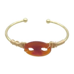 Copper Bangle With Red Agate Wire Wrapped Gold Plated, approx 18-25mm, 50-65mm