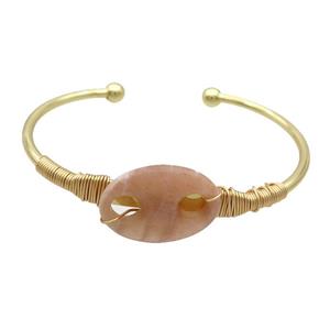 Copper Bangle With Peach Sunstone Wire Wrapped Gold Plated, approx 18-25mm, 50-65mm
