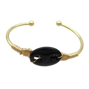 Copper Bangle With Black Onyx Agate Wire Wrapped Gold Plated, approx 18-25mm, 50-65mm