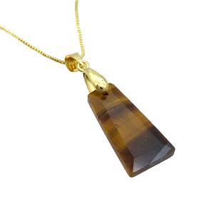 Natural Tiger Eye Stone Necklace Trapeziform Copper Gold Plated, approx 14-25mm, 42cm length