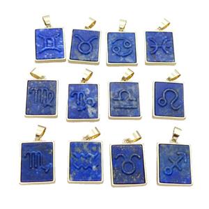 Natural Lapis Lazuli Pendant Zodiac Mixed Blue Rectangle Gold Plated, approx 16-20mm