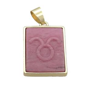 Natural Pink Wood Lace Jasper Pendant Zodiac Aries Rectangle Gold Plated, approx 16-20mm