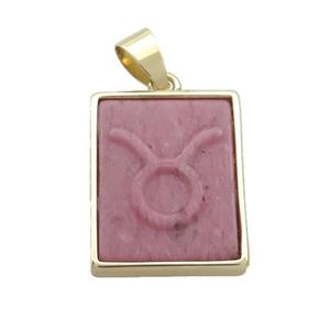 Natural Pink Wood Lace Jasper Pendant Zodiac Leo Rectangle Gold Plated, approx 16-20mm