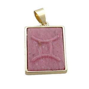 Natural Pink Wood Lace Jasper Pendant Zodiac Pisces Rectangle Gold Plated, approx 16-20mm