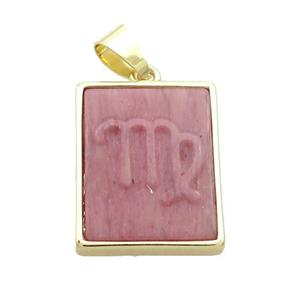Natural Pink Wood Lace Jasper Pendant Zodiac Virgo Rectangle Gold Plated, approx 16-20mm