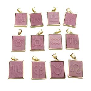 Natural Pink Wood Lace Jasper Pendant Zodiac Mixed Rectangle Gold Plated, approx 16-20mm