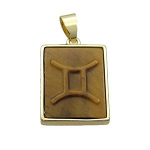 Natural Tiger Eye Stone Pendant Zodiac Gemini Rectangle Gold Plated, approx 16-20mm